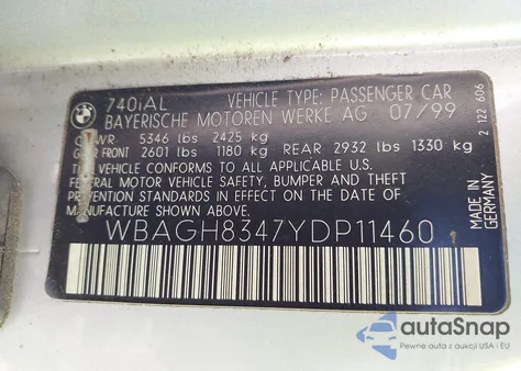 2000 BMW 740Il z USA, uszkodzony, nr VIN WBAGH8347YDP11460